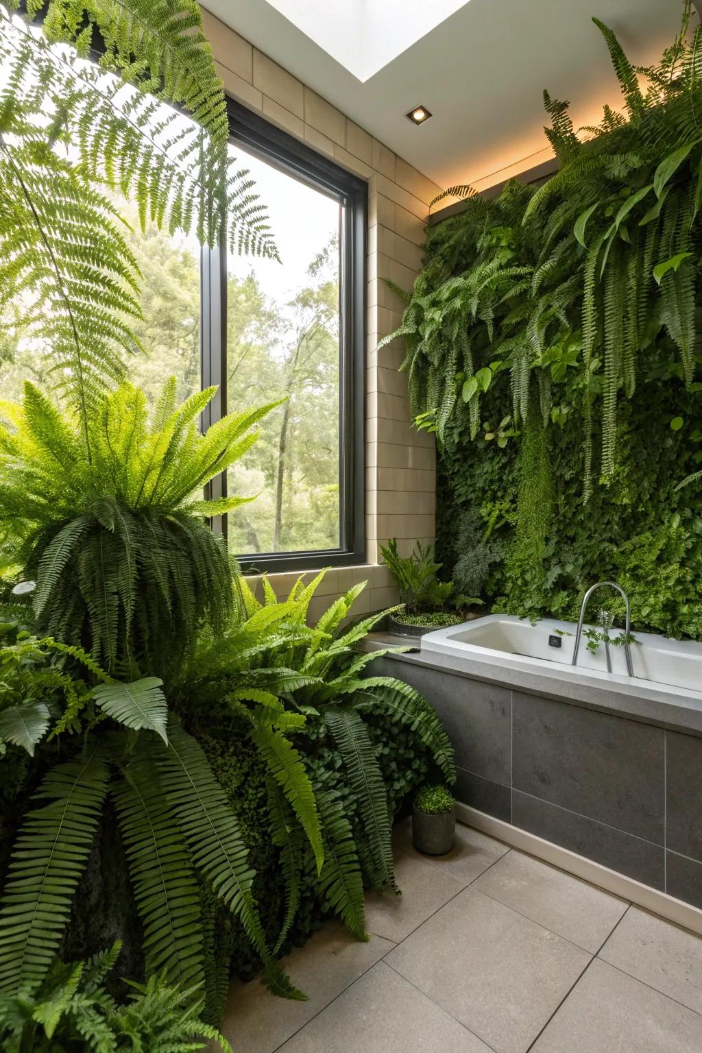Ferns fill your bathroom with lush greenery.