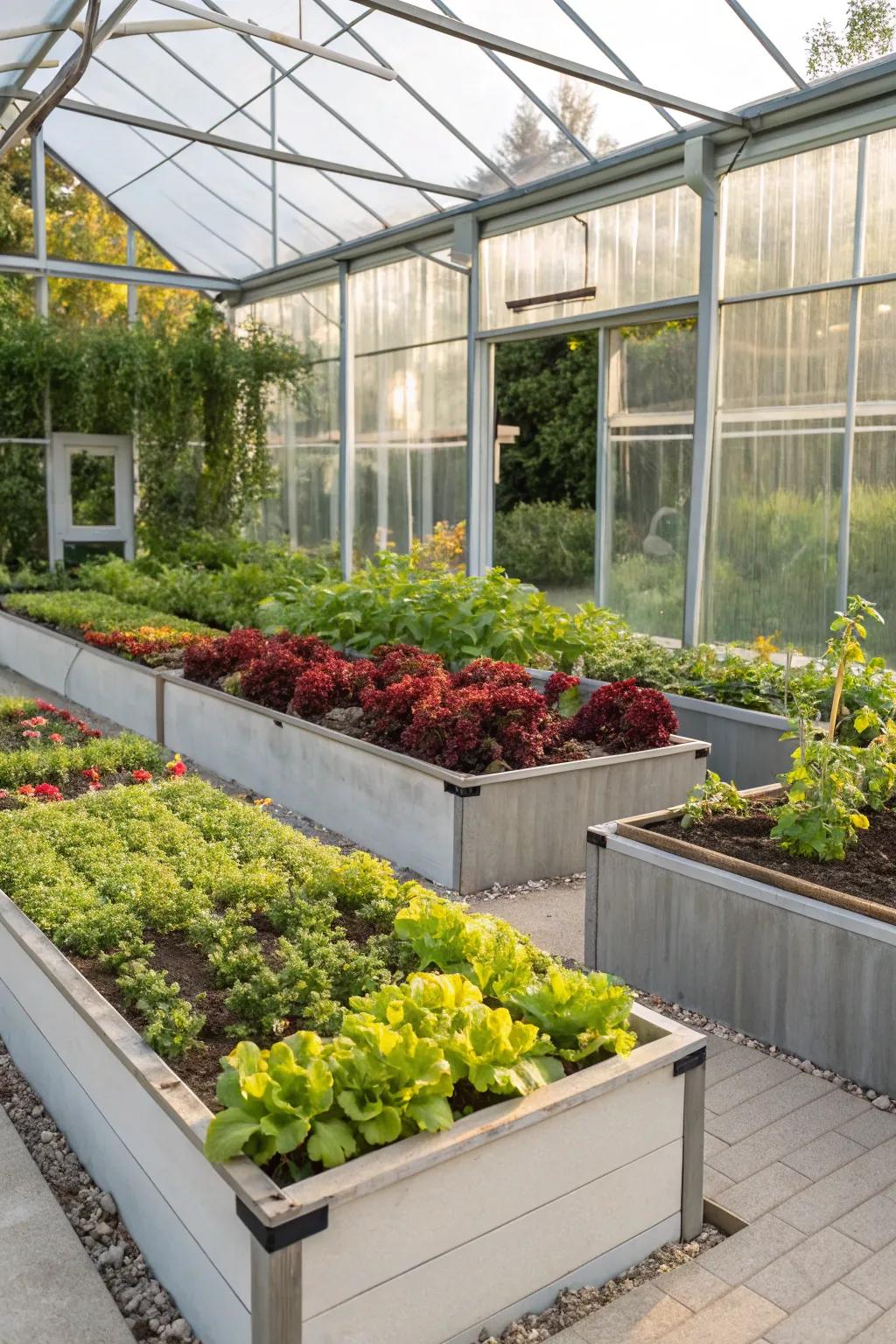 Raised beds enhance space utilization and ease of care.