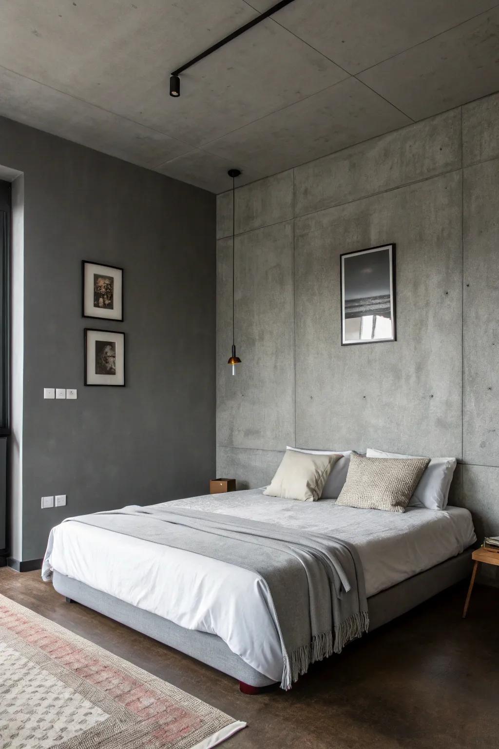 Contemporary minimalism is accentuated by a grey feature wall.