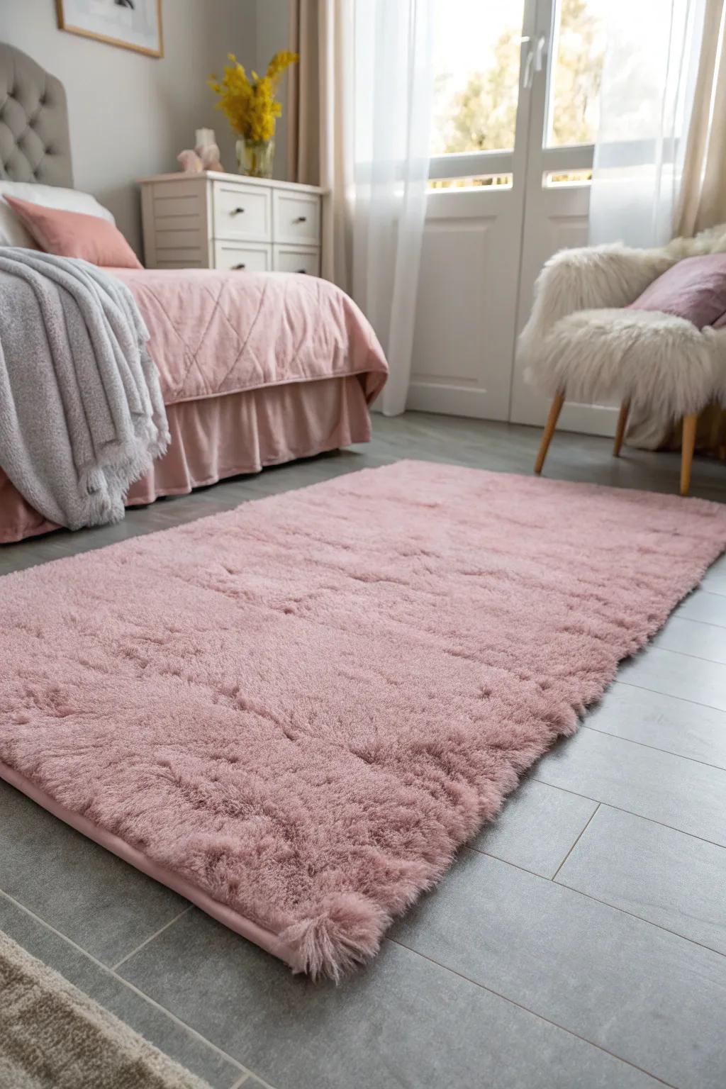 A plush pink rug adds warmth and unifies the space.