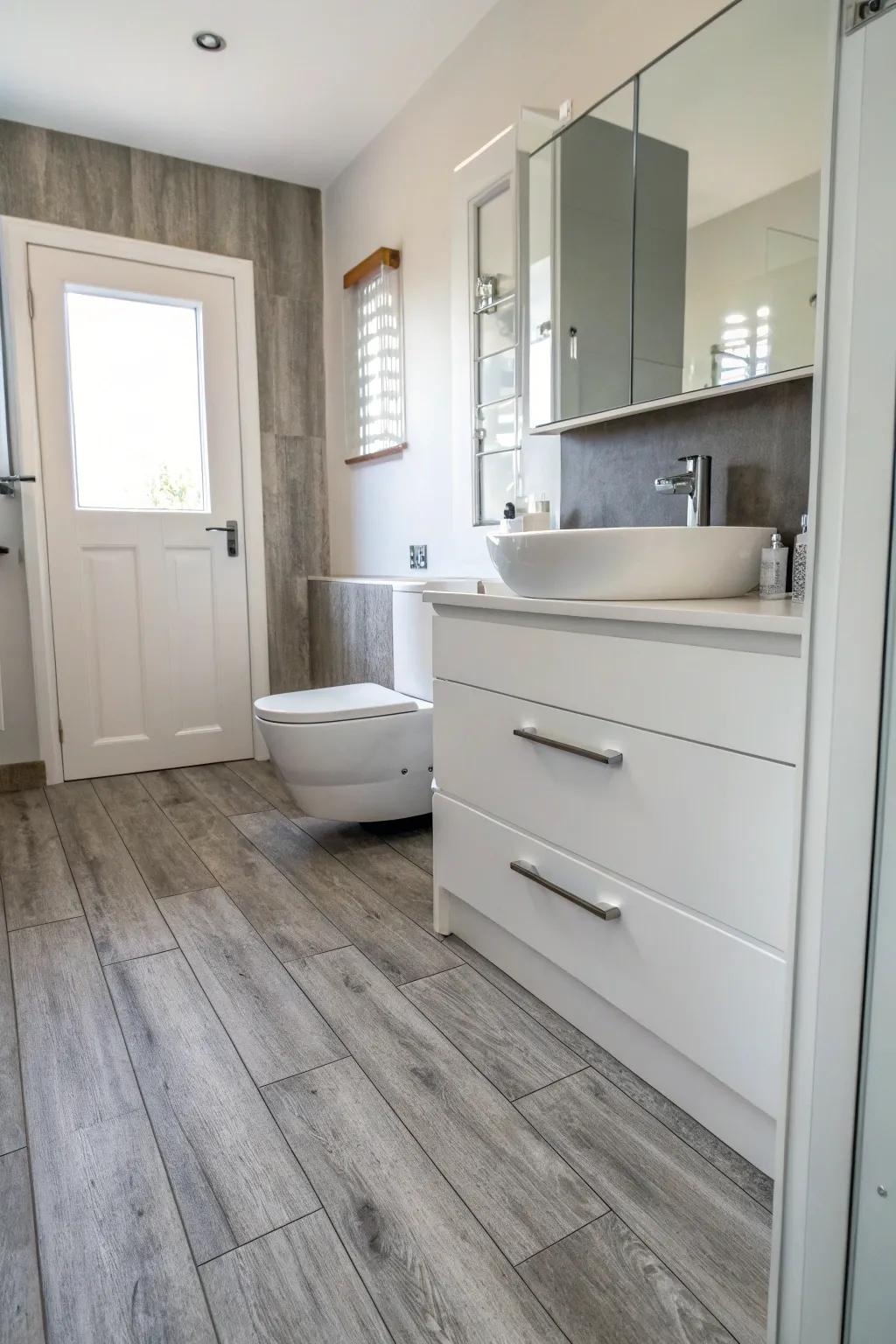 Grey wood-look flooring infuses warmth and organic texture into the bathroom.