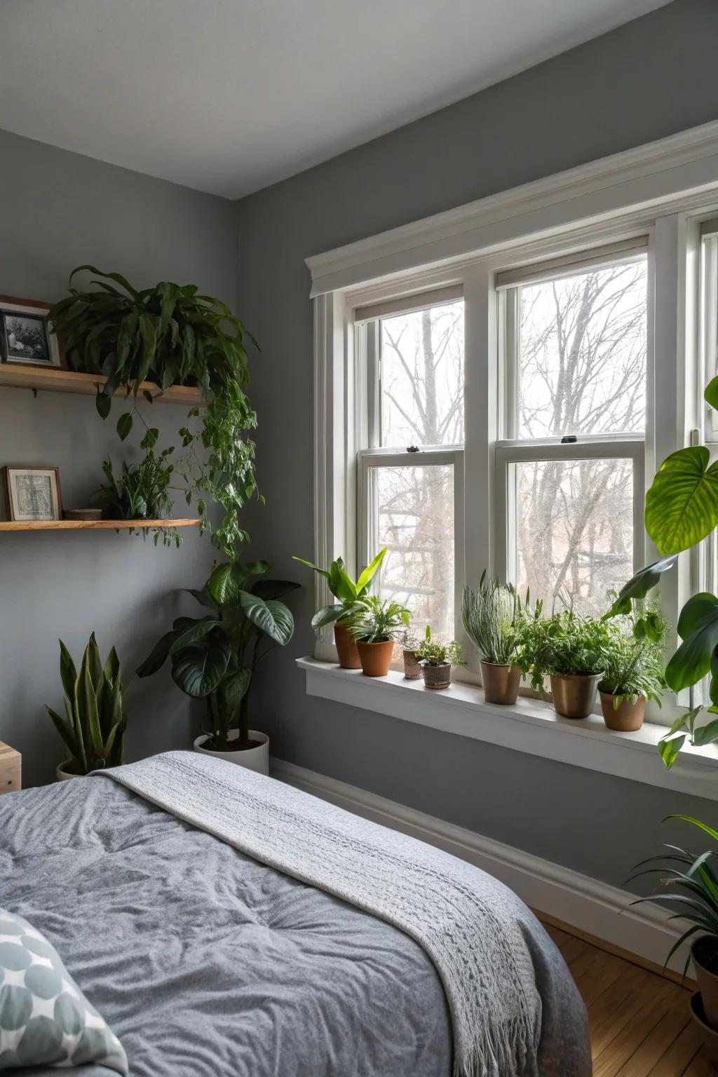 Indoor flora infuse vitality into a grey bedroom.