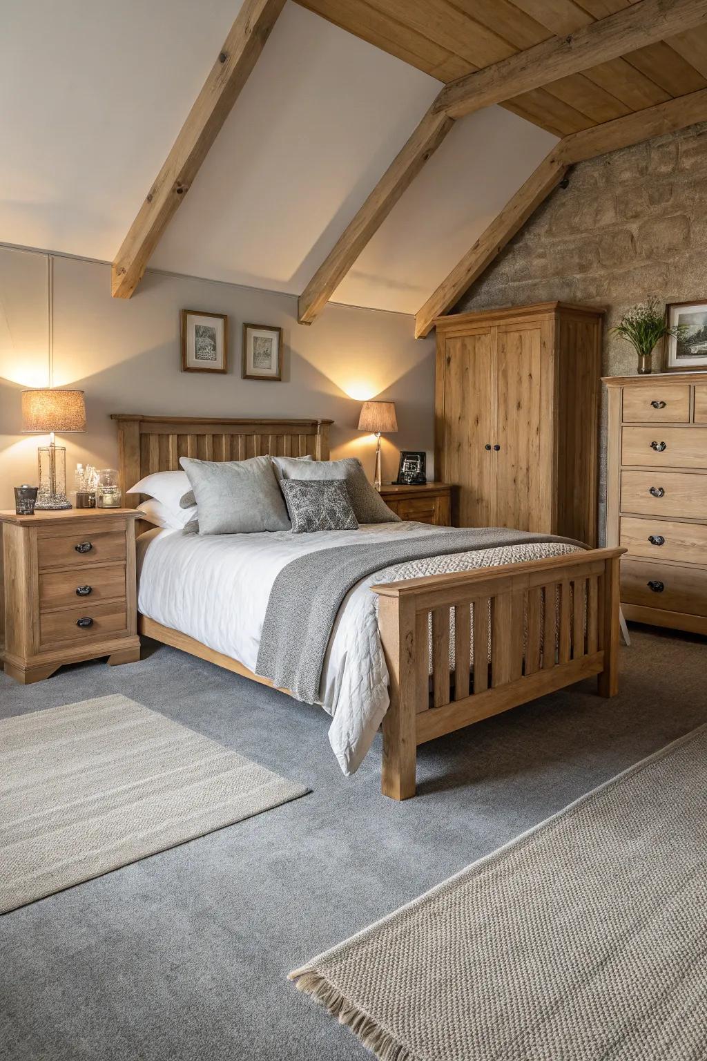 Natural resources harmonize beautifully with the ash-toned floor covering, creating a calming atmosphere.