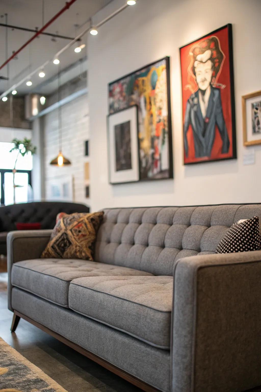 A striking art piece elevates the gray sofa setting.