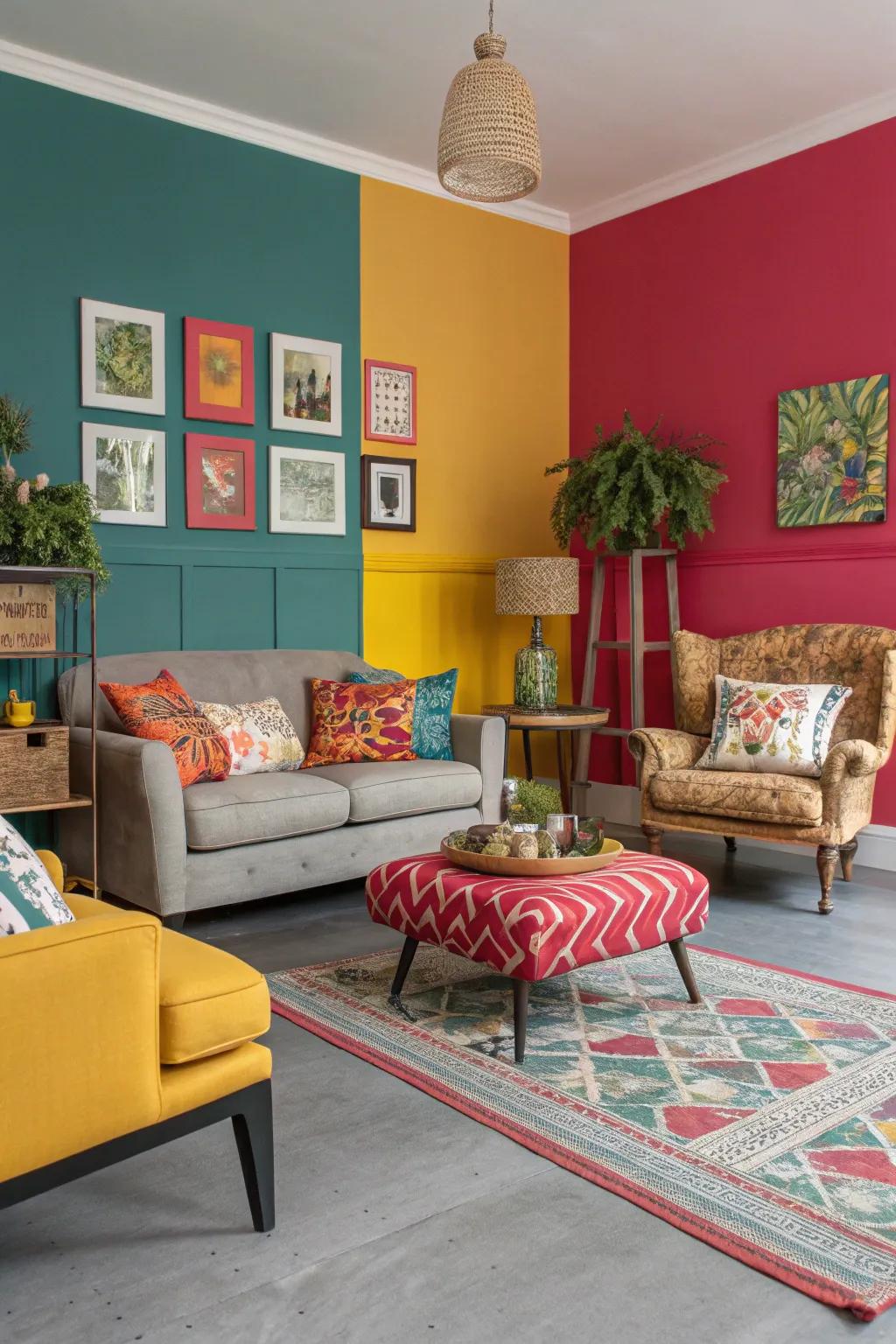 Grey flooring provides a perfect backdrop for bold colors in this vibrant living room.
