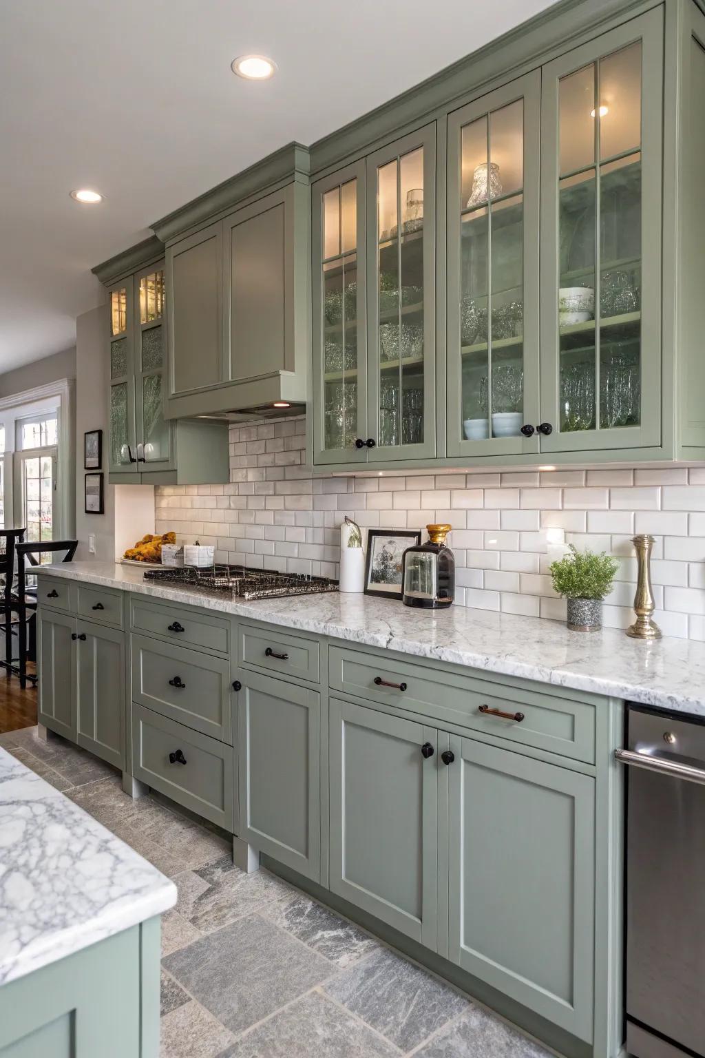 Shaker-style grey-green cabinets provide enduring versatility.