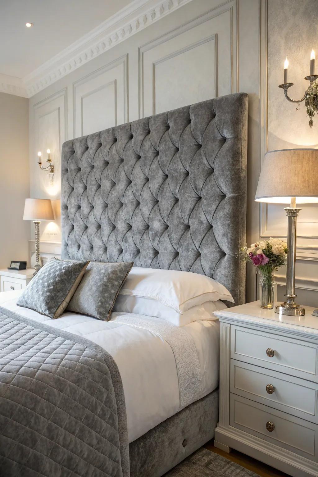 A refined bedroom featuring a grey velvet buttoned headboard.
