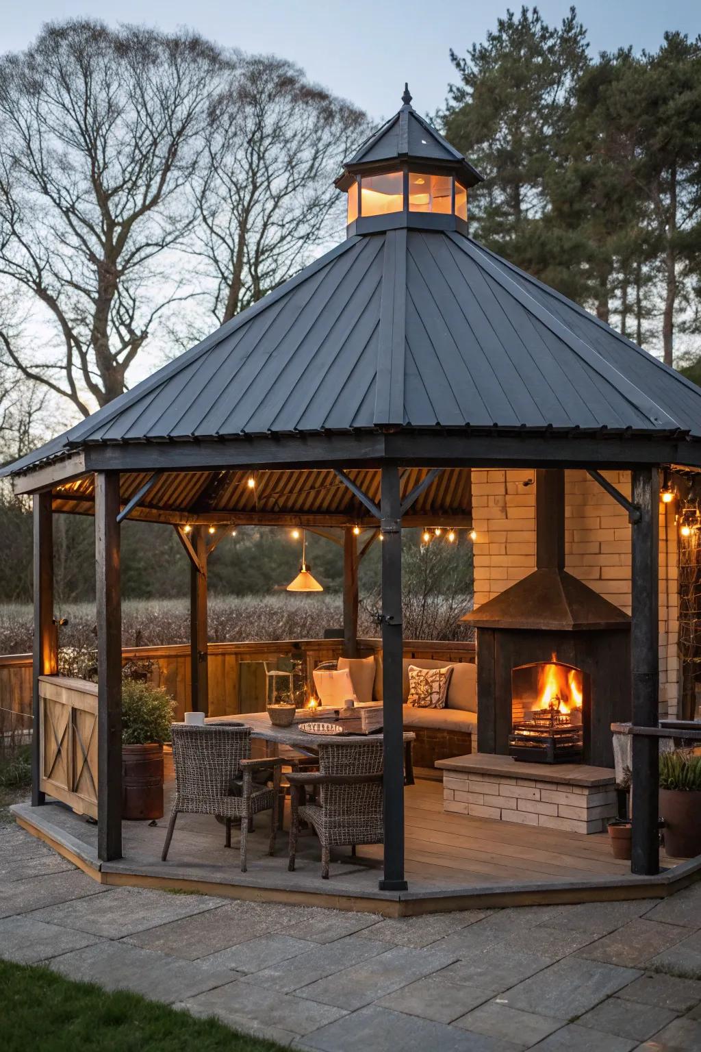A grill hut with a sturdy roof, perfect for all-year use.