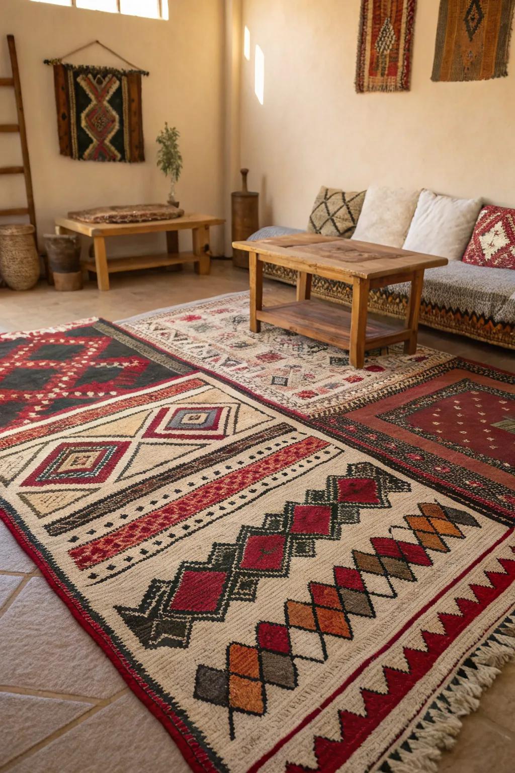 Overlapping rugs supply tactile complexity and visual draw.