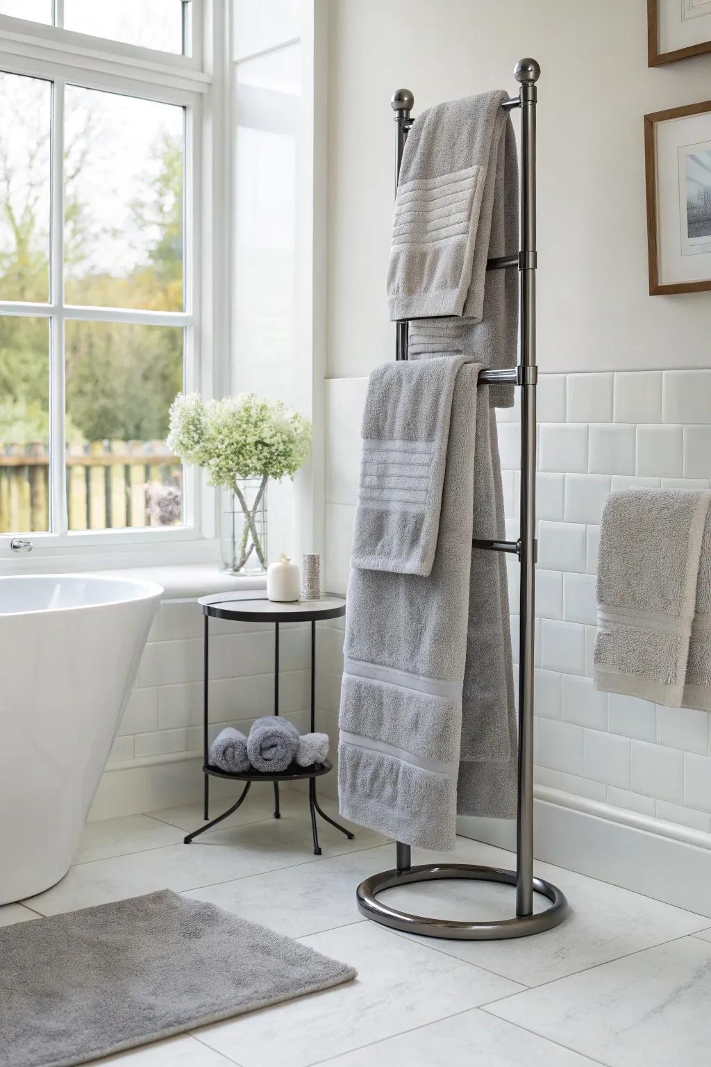 A freestanding towel stand combines style with functionality.