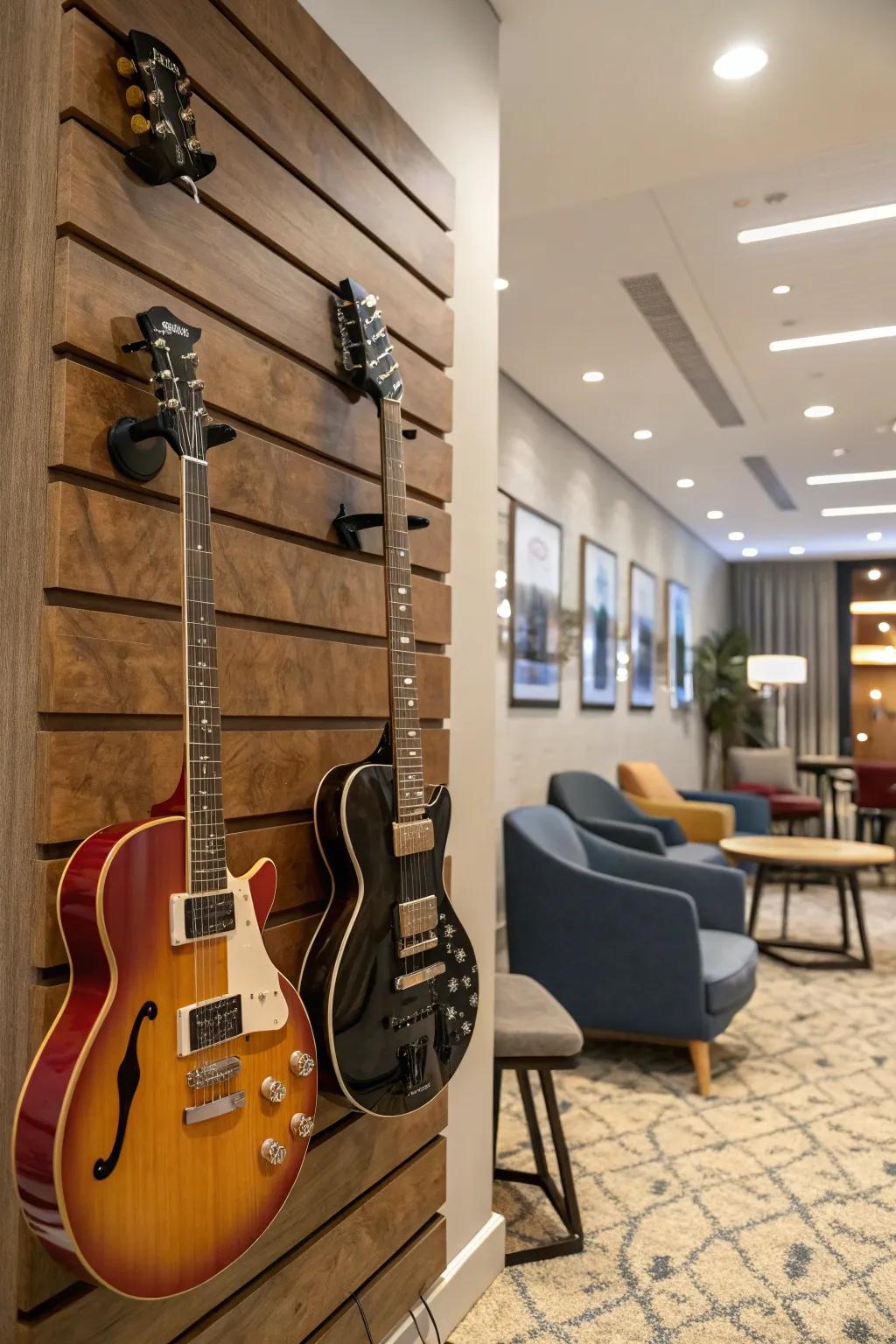 Thematic guitar presentation creating a cohesive appearance.