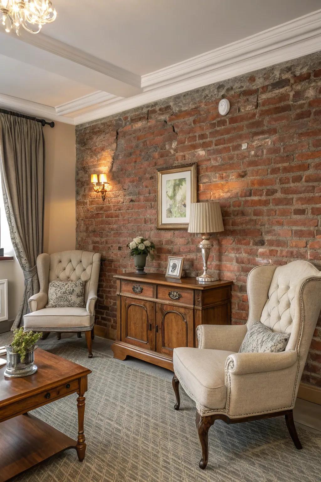 A classic room featuring classic furniture and a brick accent wall.