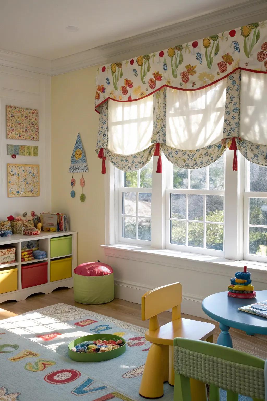 Cheerful children's room with scalloped top accent.