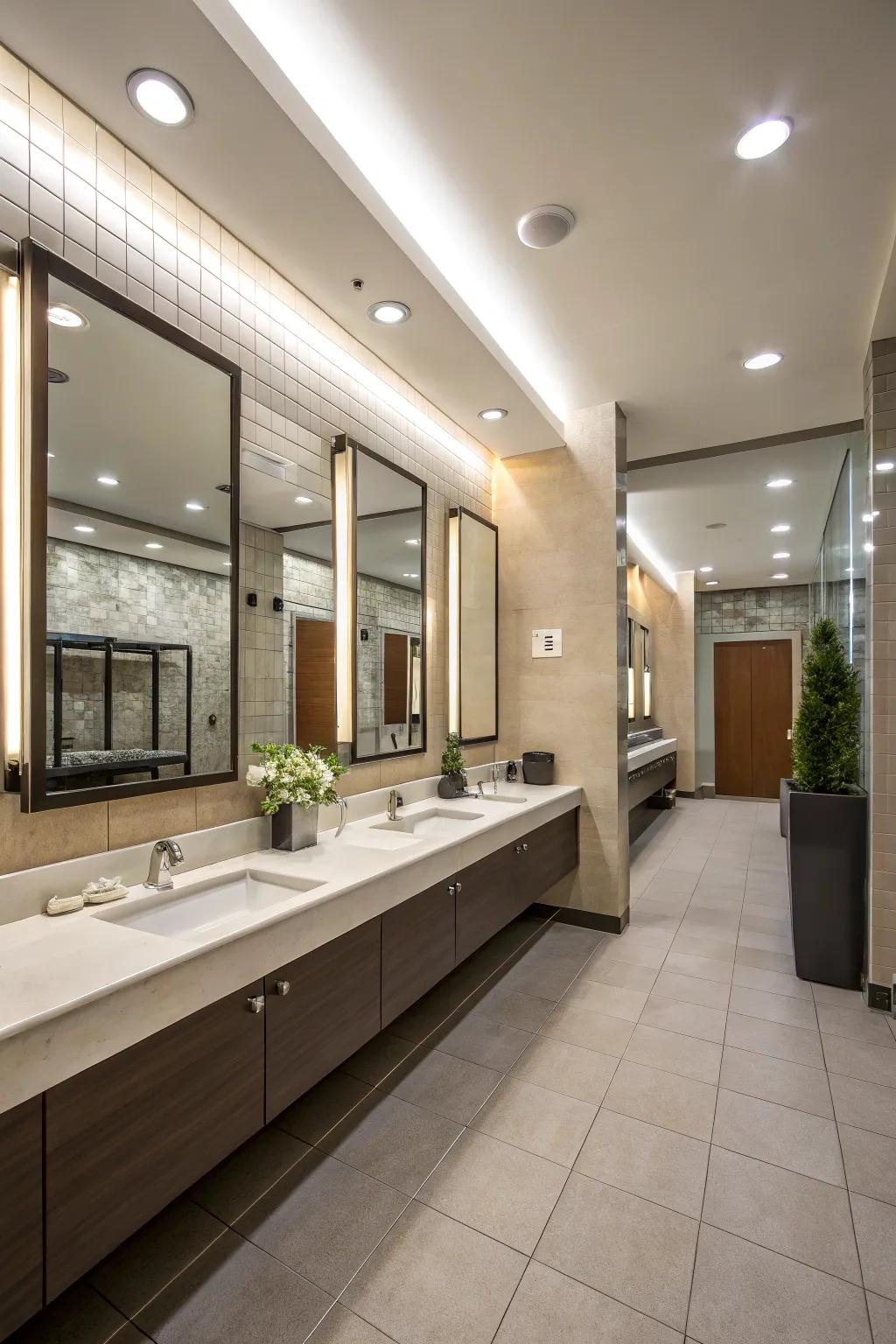 Mirrors and lighting improve the sense of area in a guest bathroom.
