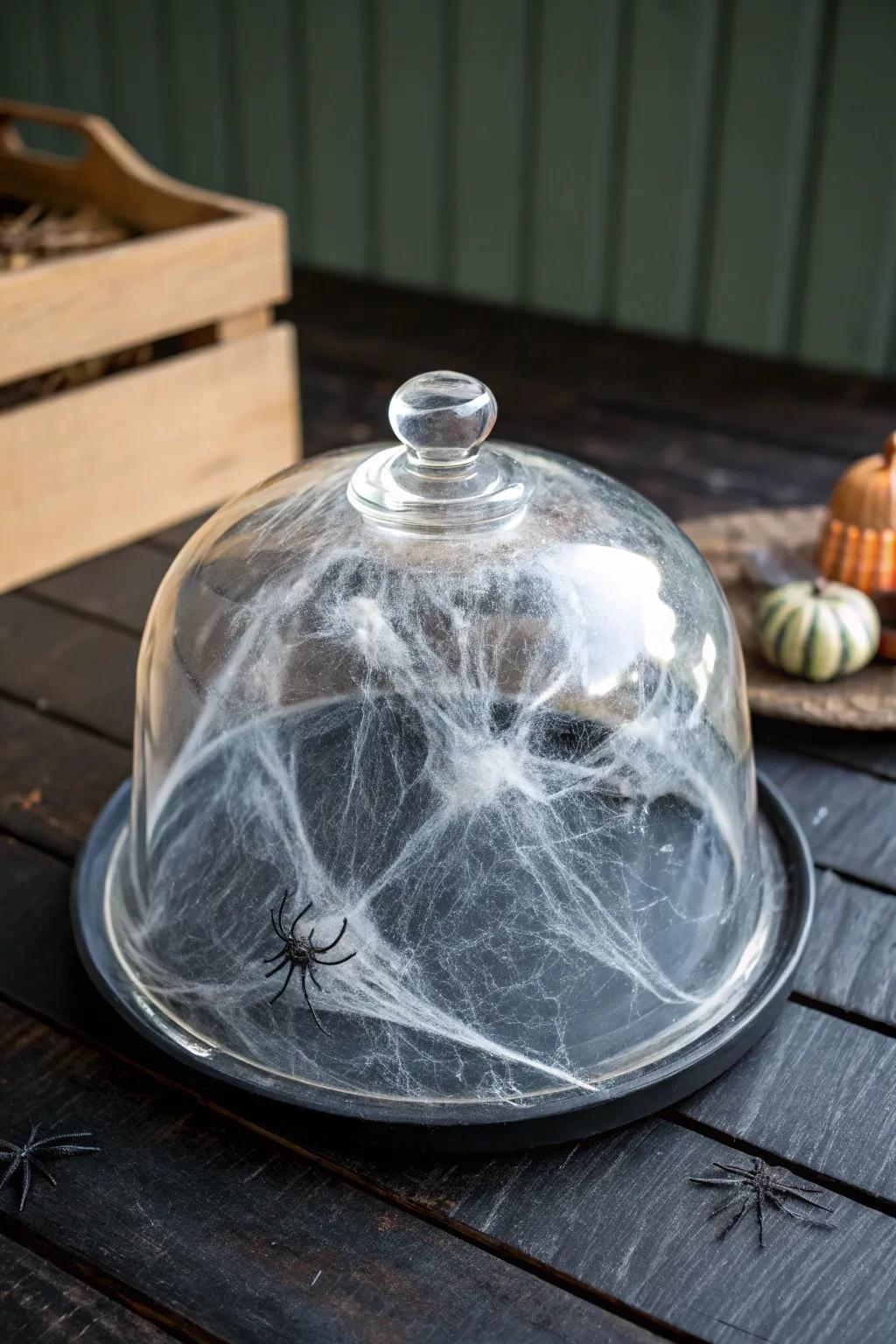Spiderwebs within a display case generate an eerie consequence.