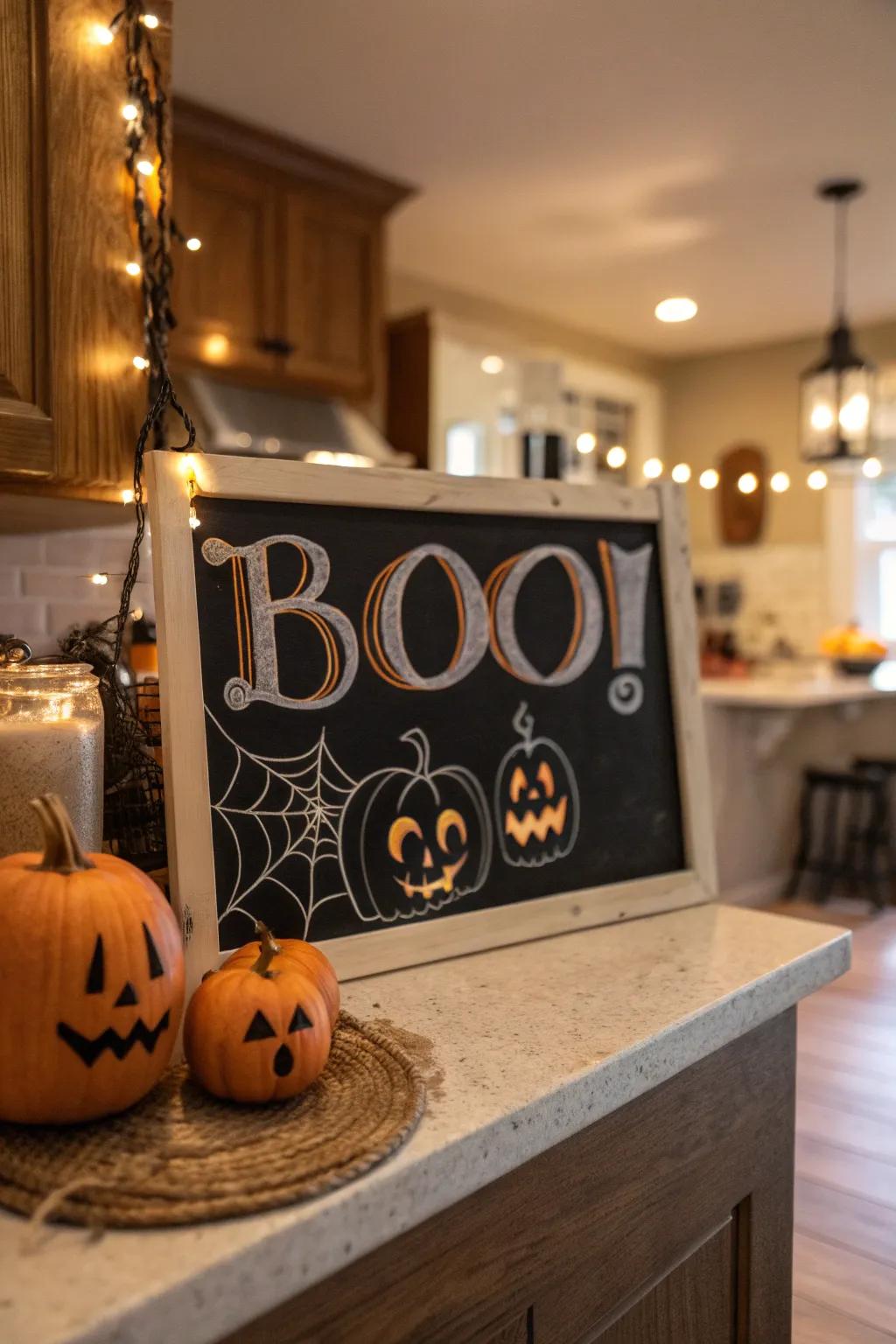A comical sign adding humor to the Halloween decor.