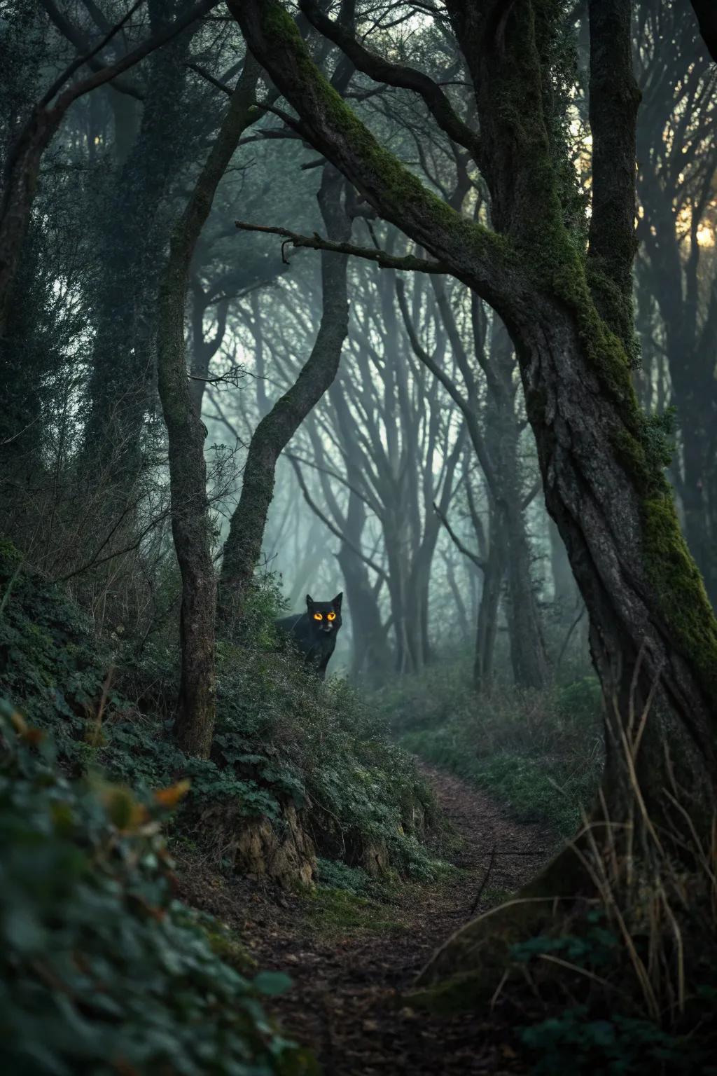 A haunted timberland where glowing eyes observe from the shadows.