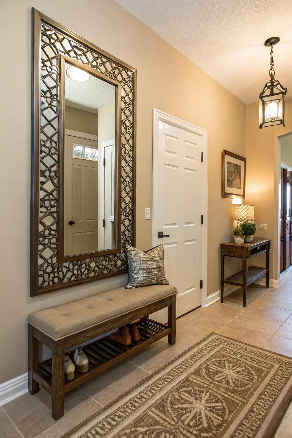 A mirror and bench combo offers flair and practicality.