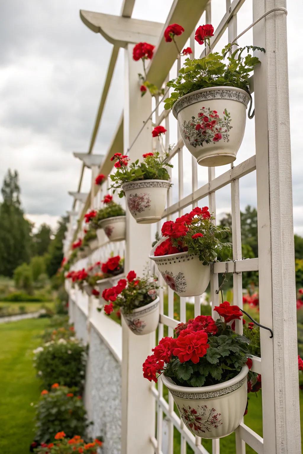 Teacups bring a fanciful element to geraniums.