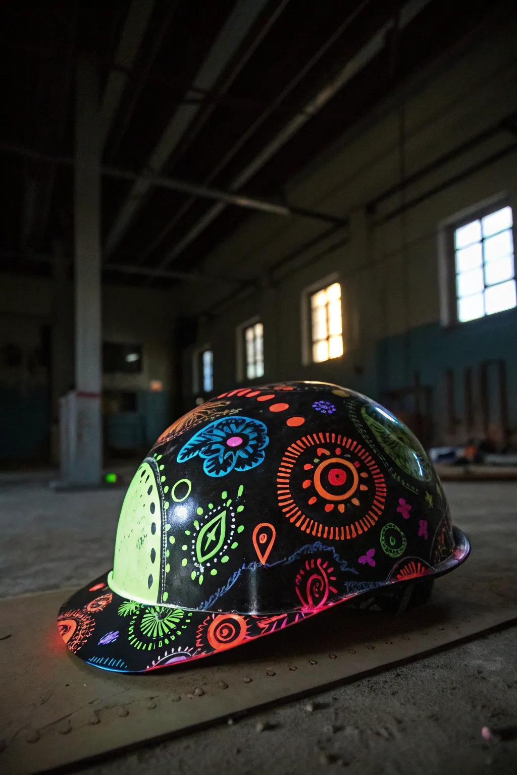 A hard hat radiating with glow-in-the-dark designs.