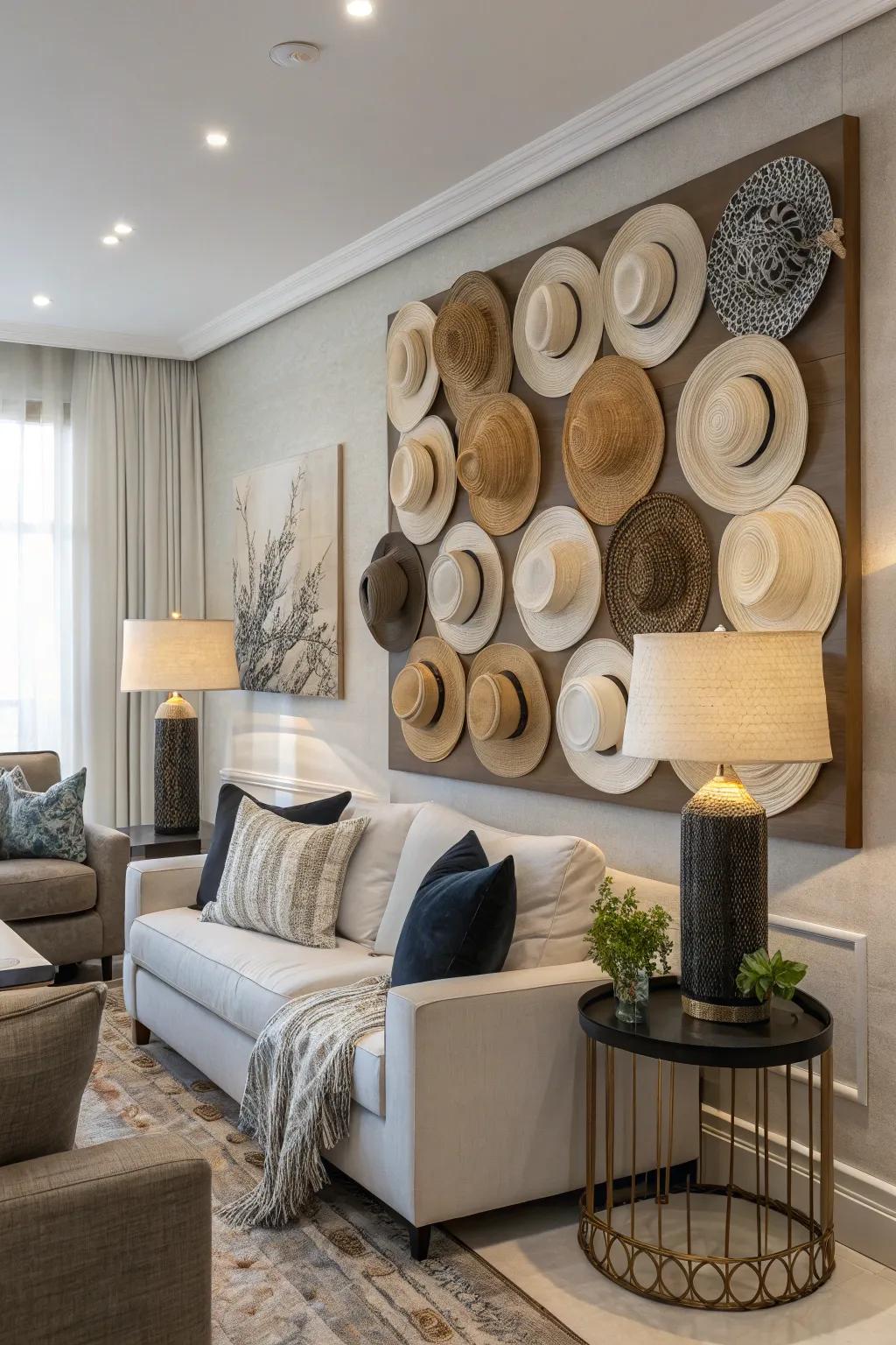 Hats as decorative wall art.