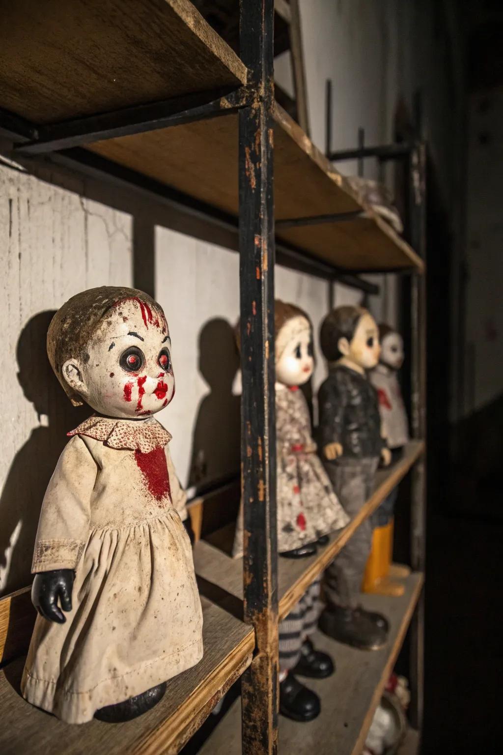 Convert childhood toys into a chilling display with a haunted dolls theme.
