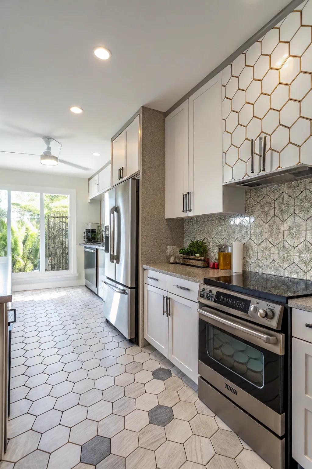 Merge appliances with hexagon designs for a harmonious kitchen aesthetic.
