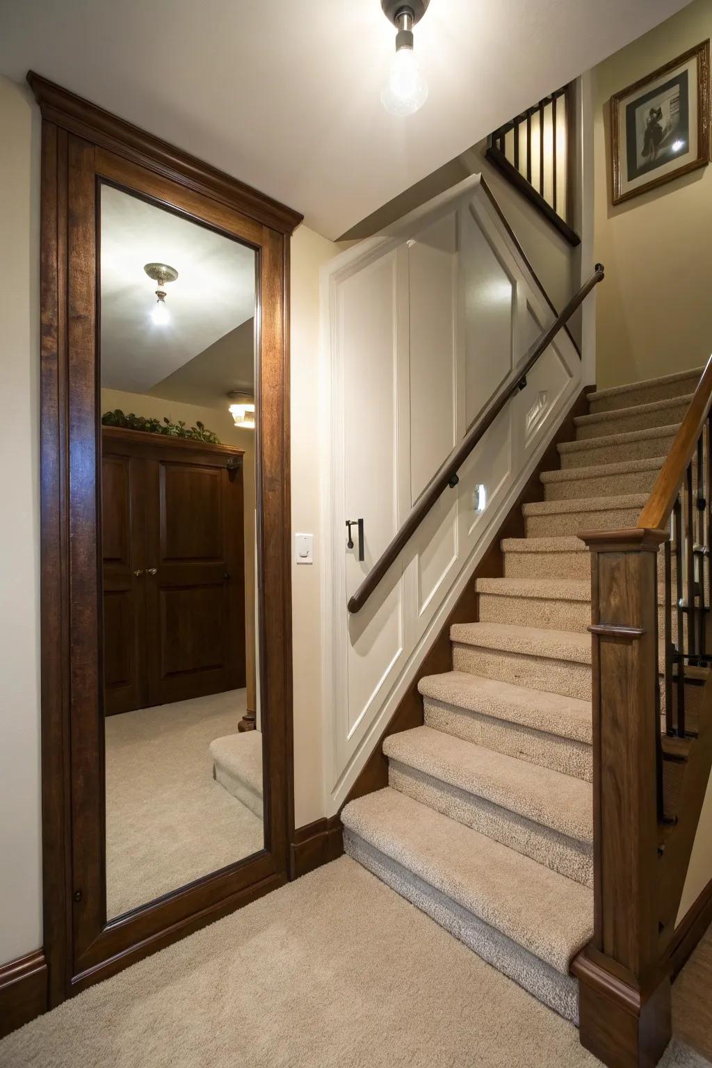 A hidden mirror door near a staircase adds a surprise element.