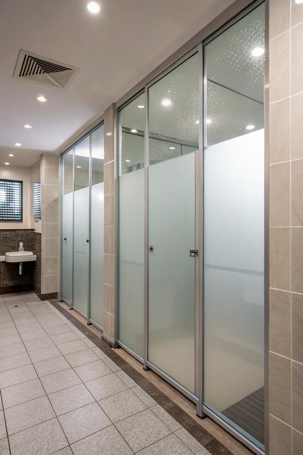 Frosted glass partitions provide privacy and light in a concealed shower.