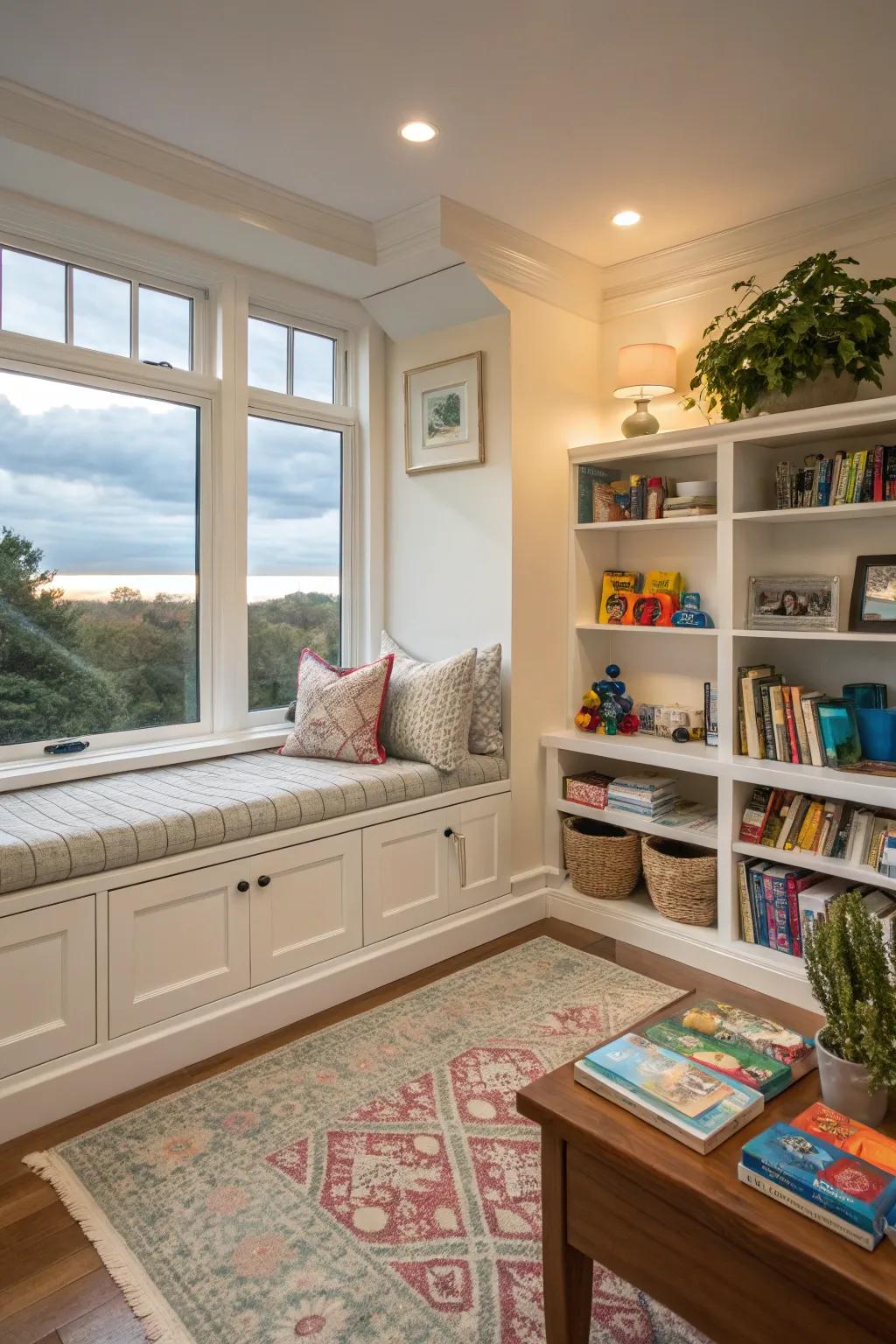 Window seats that conceal toys while enhancing charm.