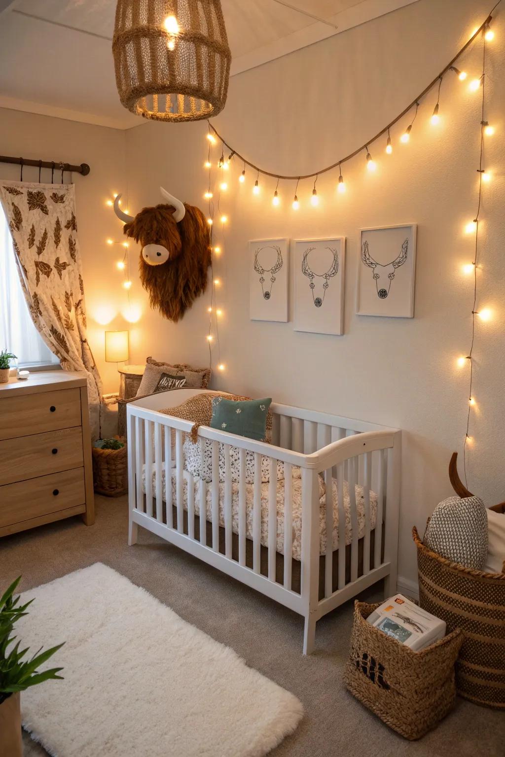 Gentle lighting enhances the welcoming, nurturing feel of the baby's room.