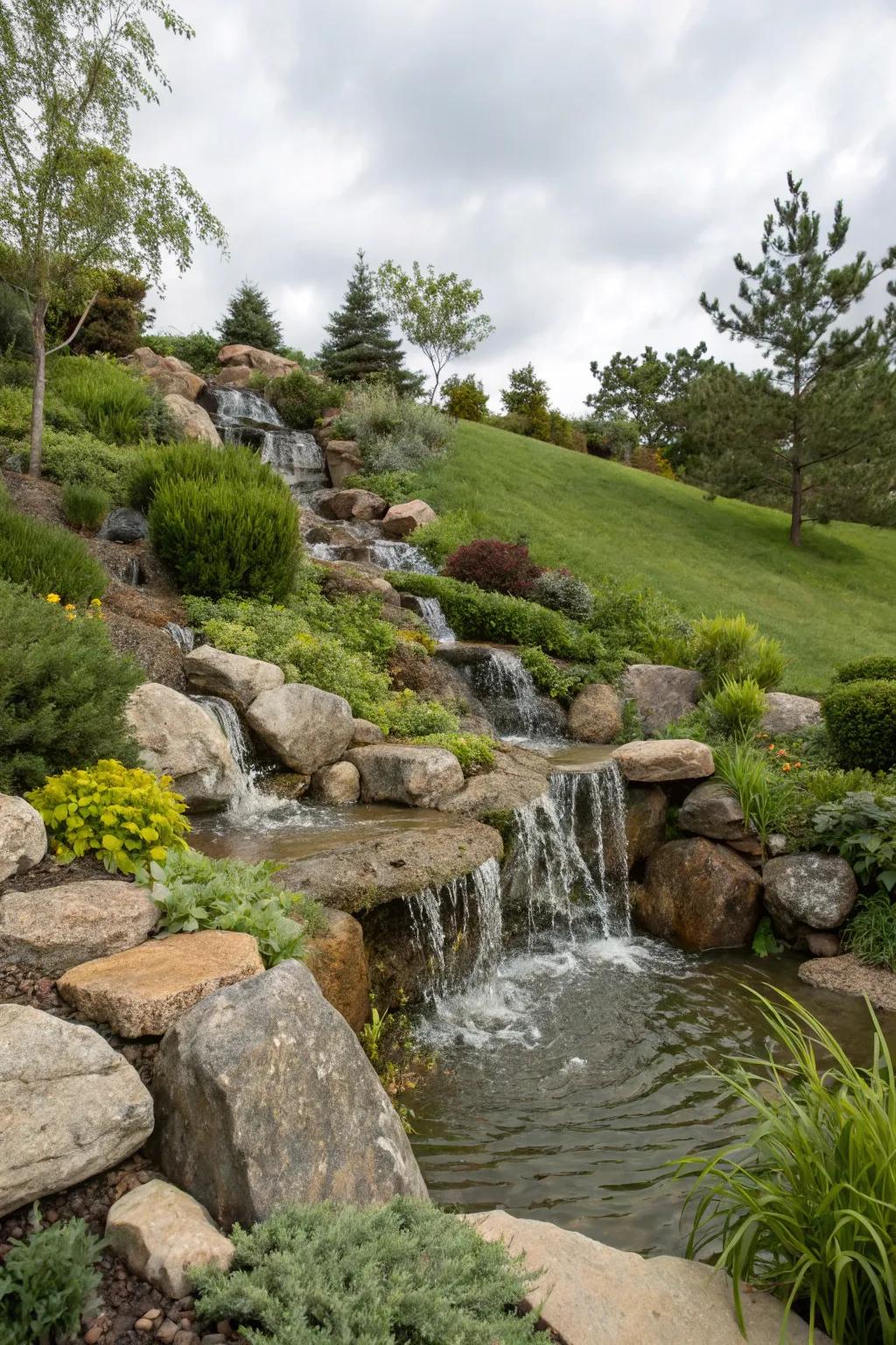 Water features like waterfalls add peace to hillside gardens.