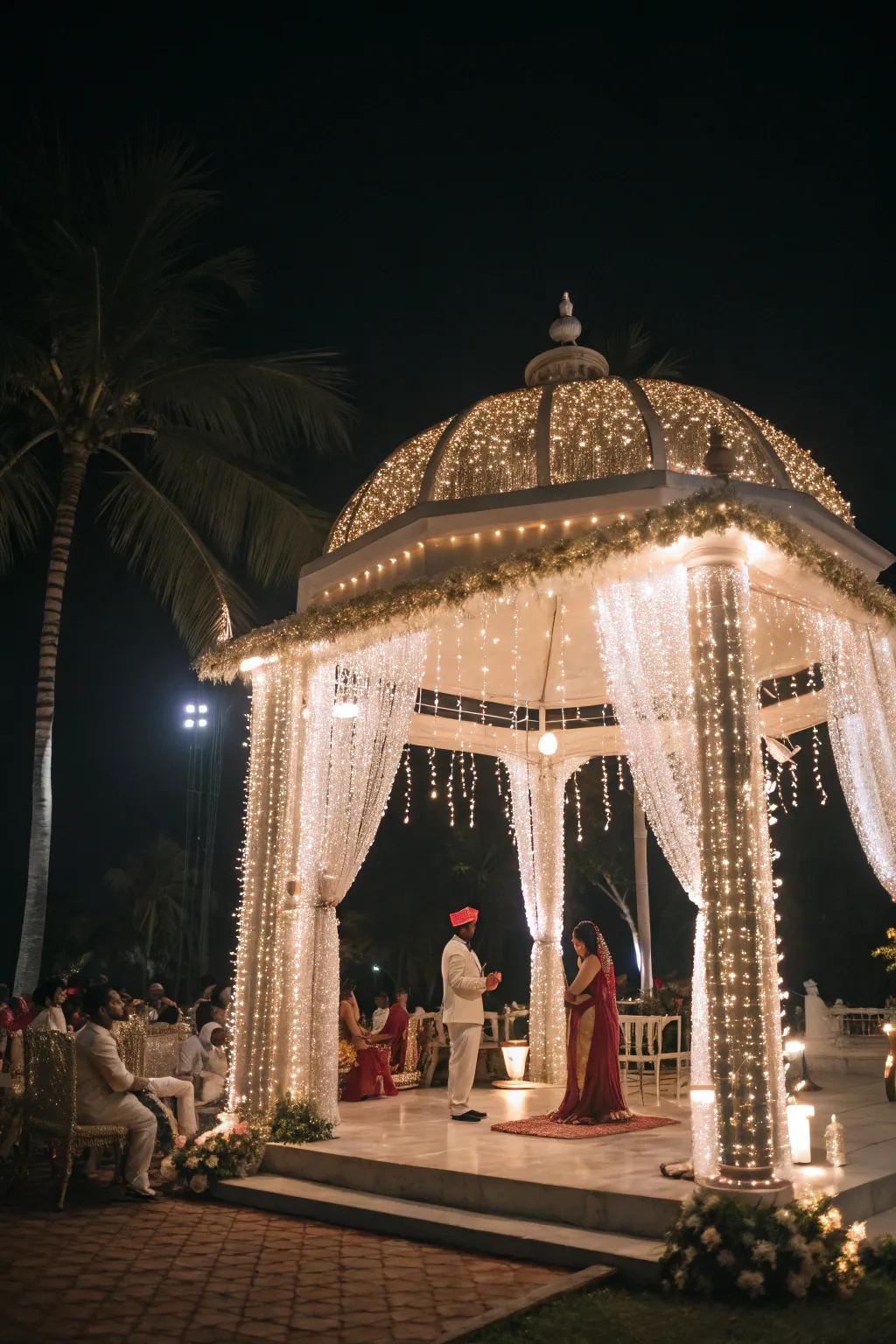 Fairy lights creating a dreamy atmosphere around the mandap.