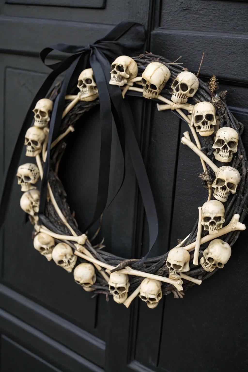 A blending of elegance and spookiness in this cranial and skeletal wreath.
