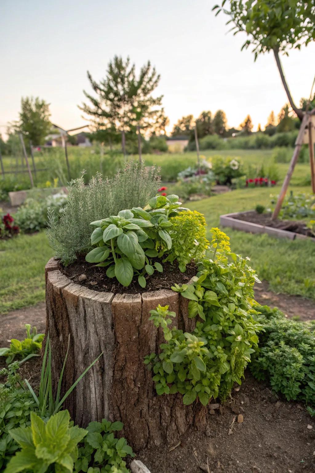 A small-scale plant garden conveniently nestled in a tree stump.