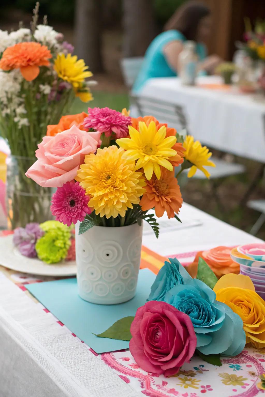 Floral decorations introduce a refreshing element to the party decor.