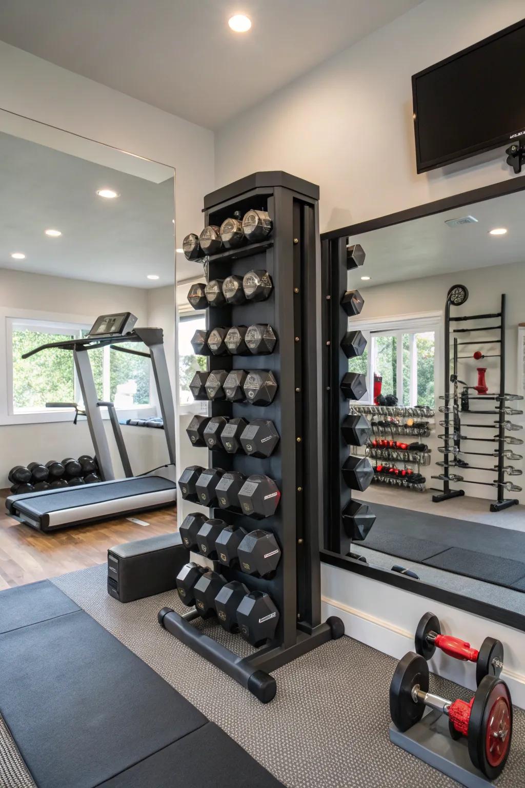 Vertical storage solutions support maintaining a tidy and efficient workout area.