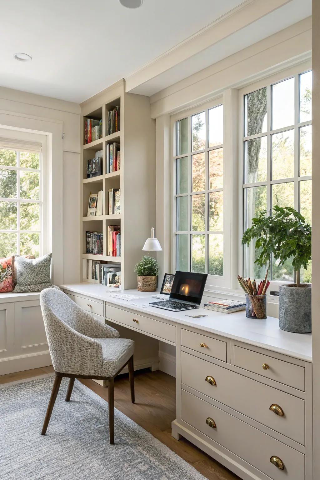 Sunlight brightens this home office, enhancing its open ambiance.