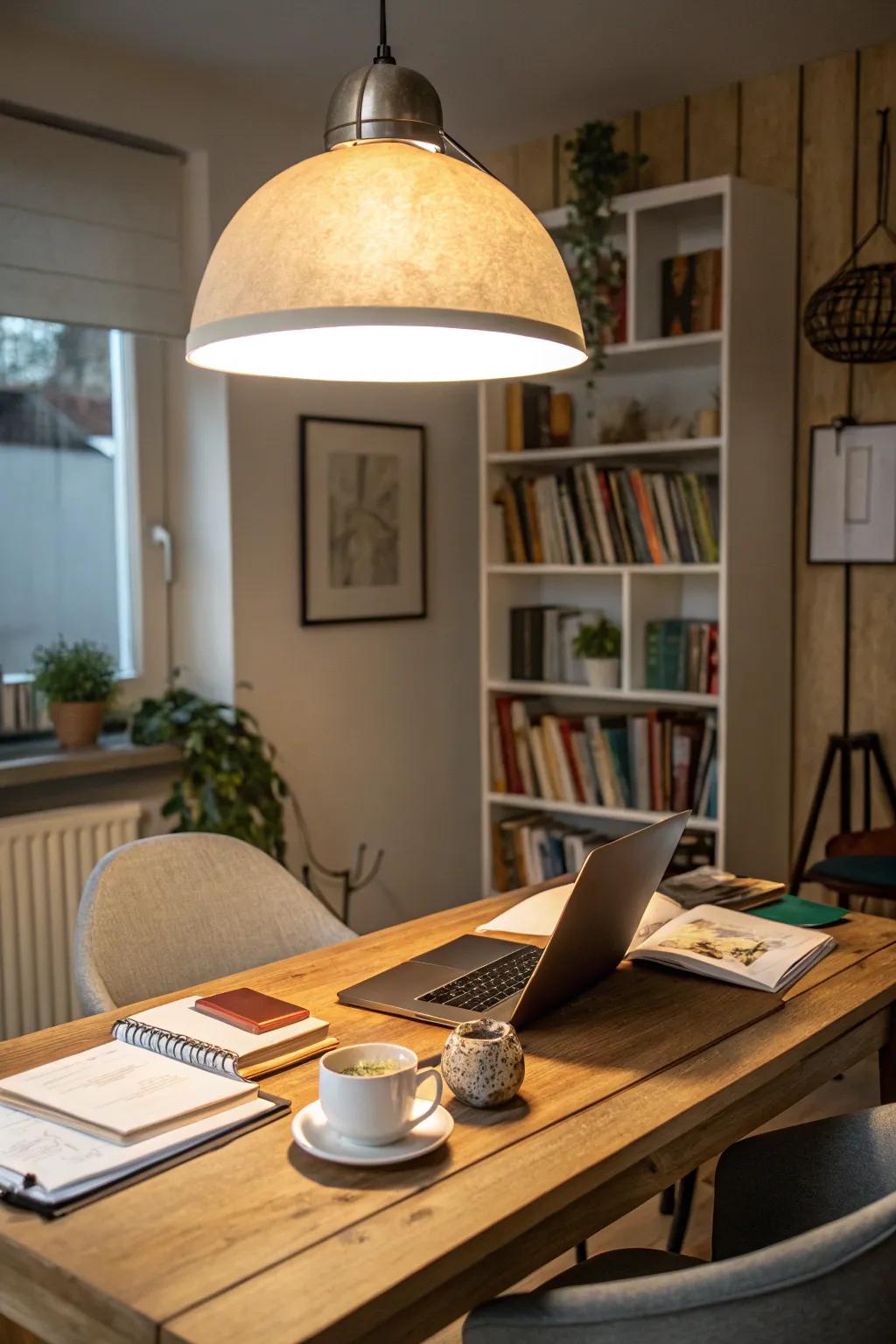 A statement lighting fixture can significantly elevate the design aesthetic of your home office.