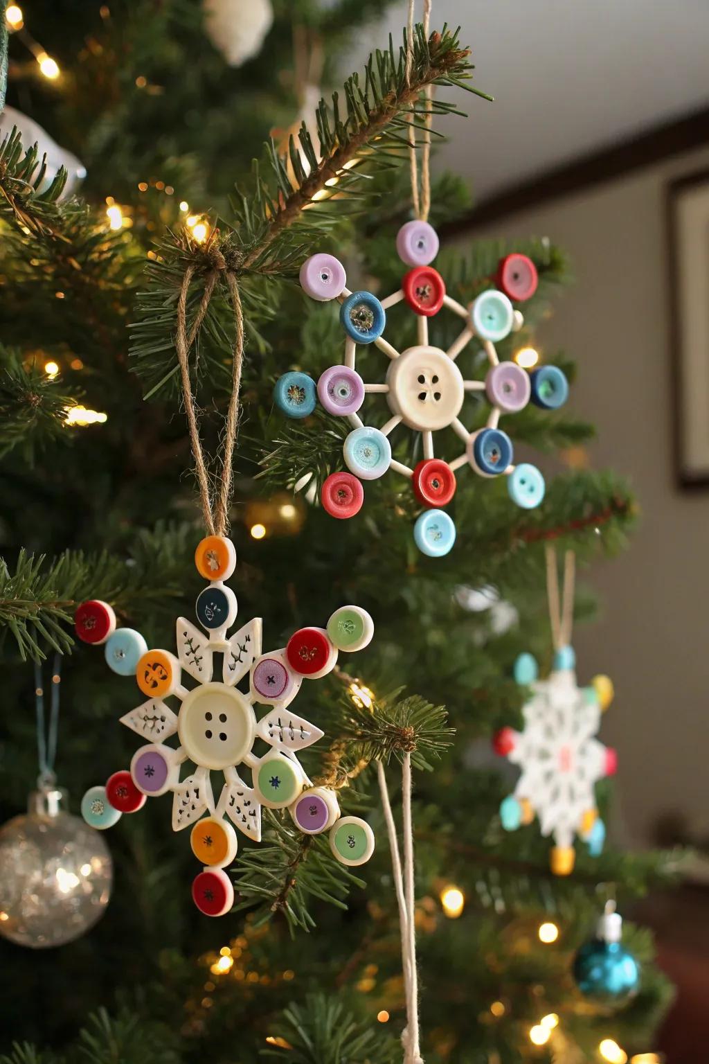 Quirky gemmed flake design ornaments appending vintage allure to the holiday tree.