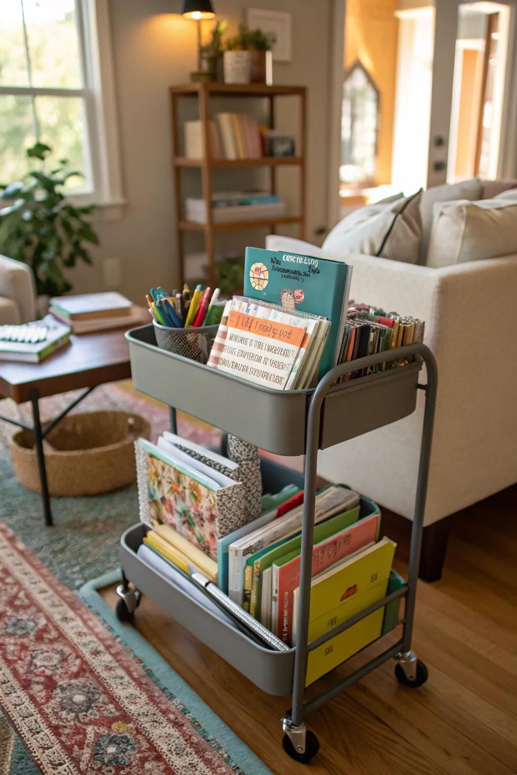Rolling carts offer mobility and flexibility for homeschooling anywhere in the house.