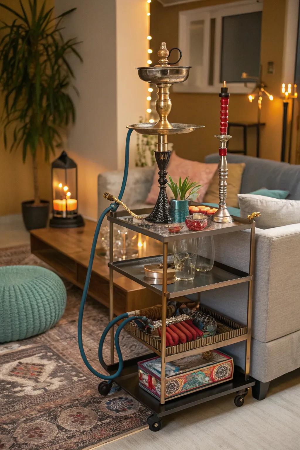 A trolley on wheels means you can easily move your smoking gear around.