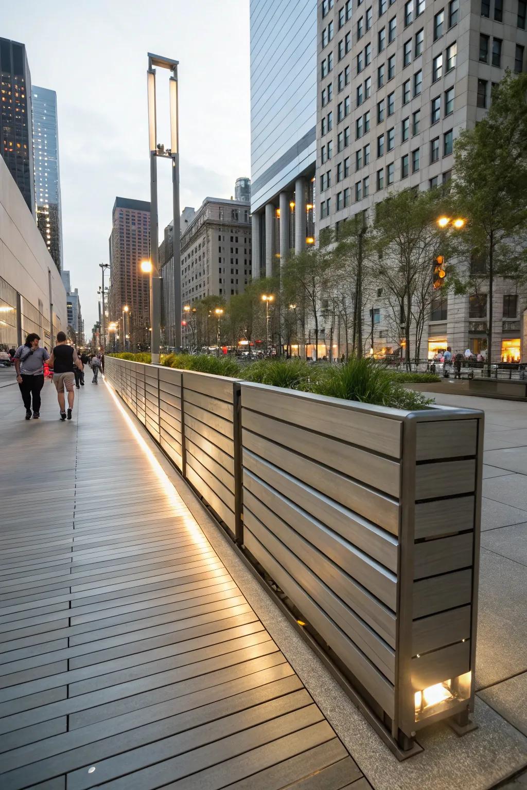 Metallic skirting introduces a modern accent to the deck.