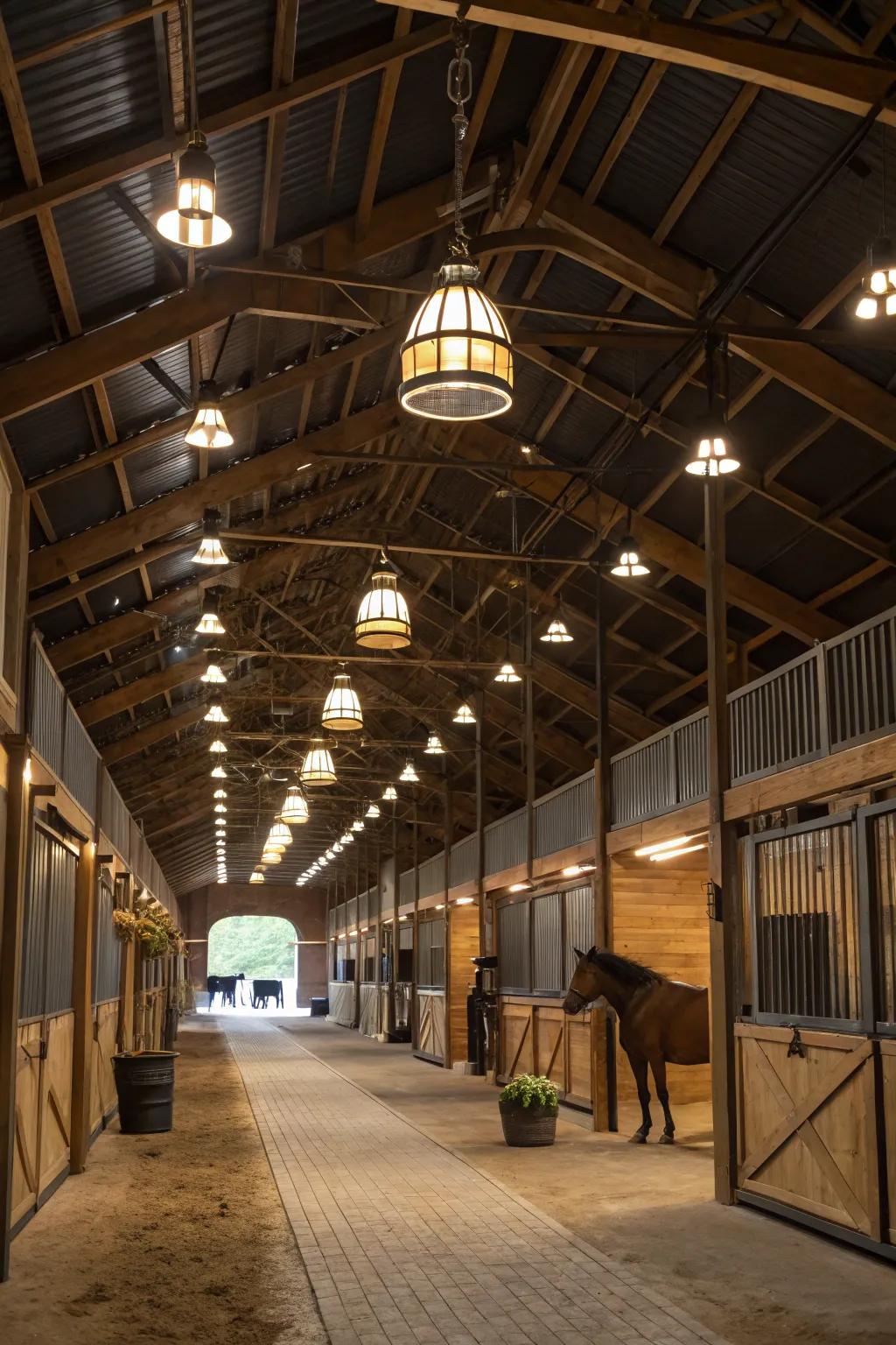 High roofs with hanging lighting enhance light distribution in the barn.