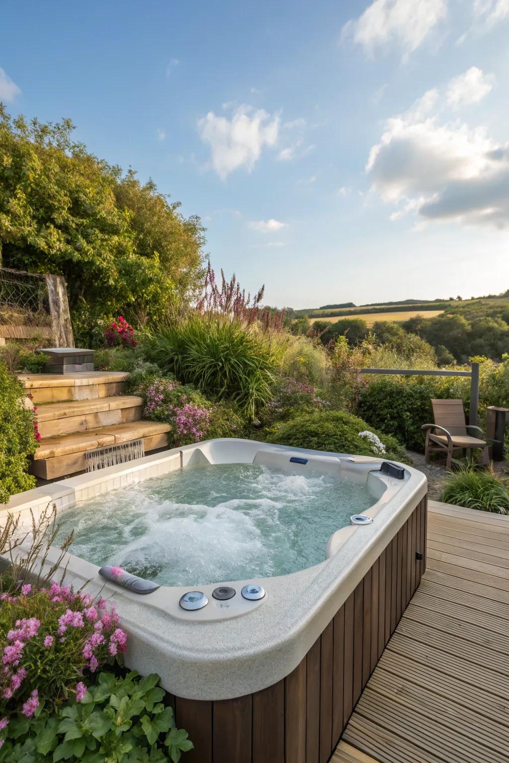 A cascade enhances the tranquil ambiance of the hot tub area.