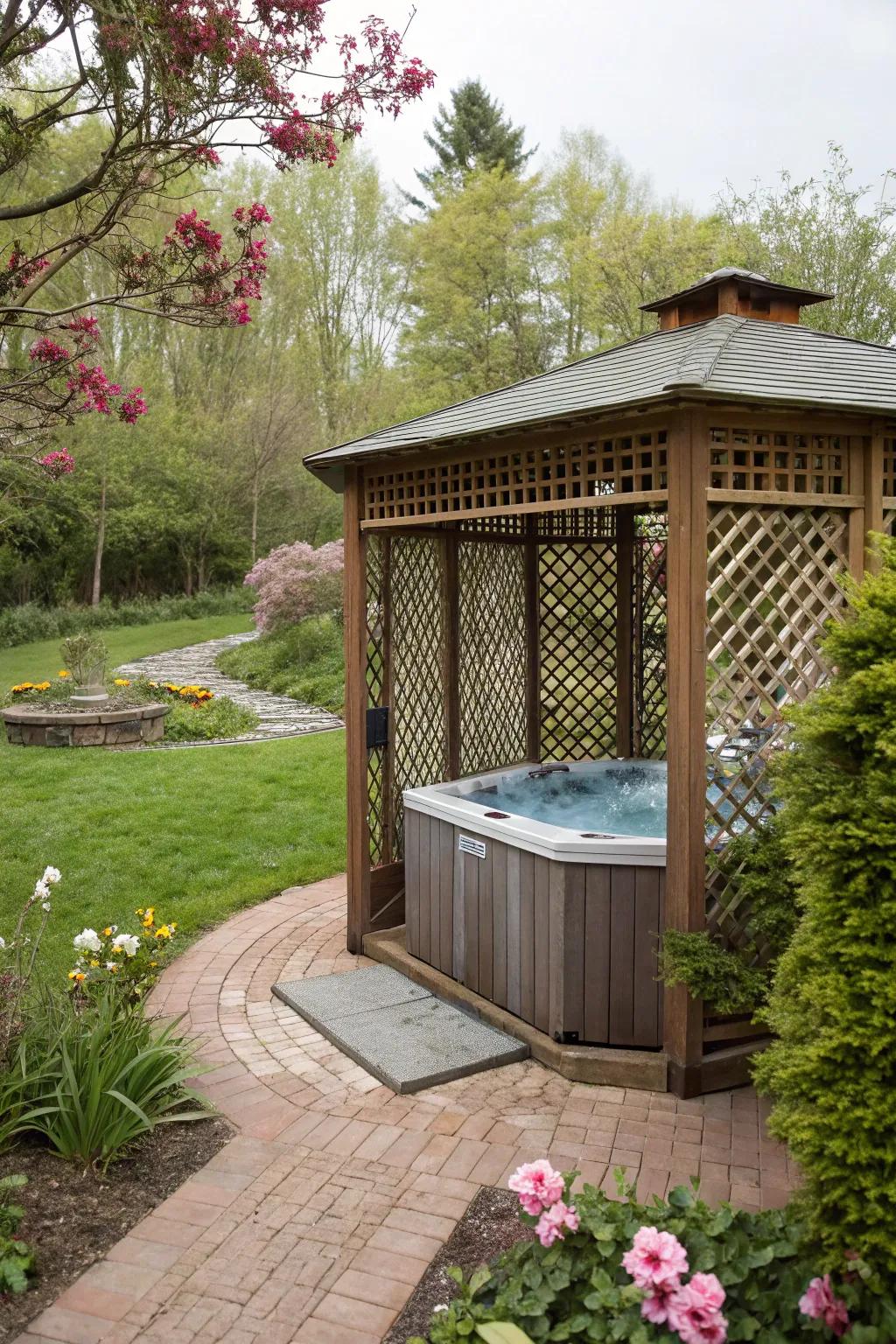 A gazebo featuring privacy characteristics for a secluded oasis.