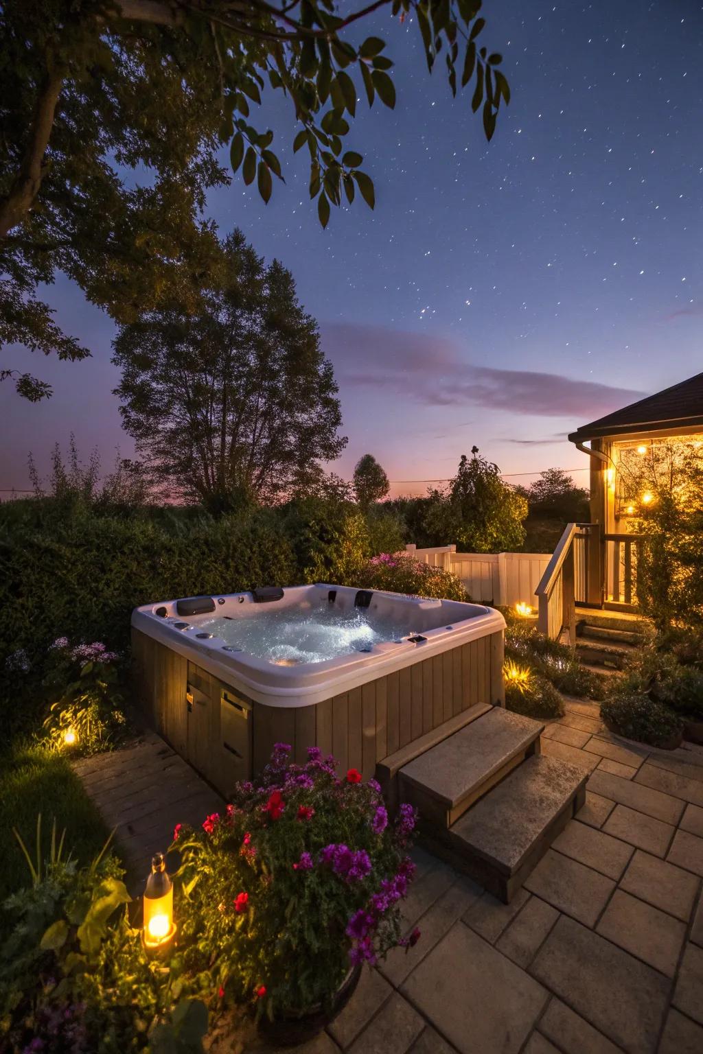 Set the mood using subtle lighting for your nighttime hot tub moments.