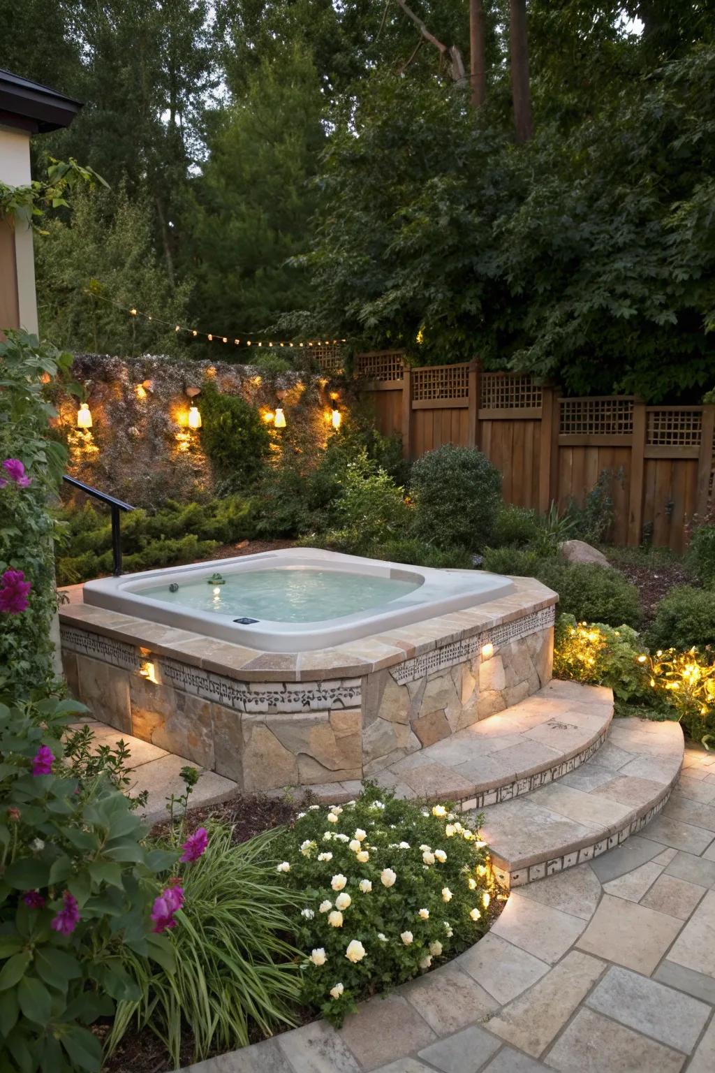 Stone accents bring elegance and sophistication to your hot tub space.