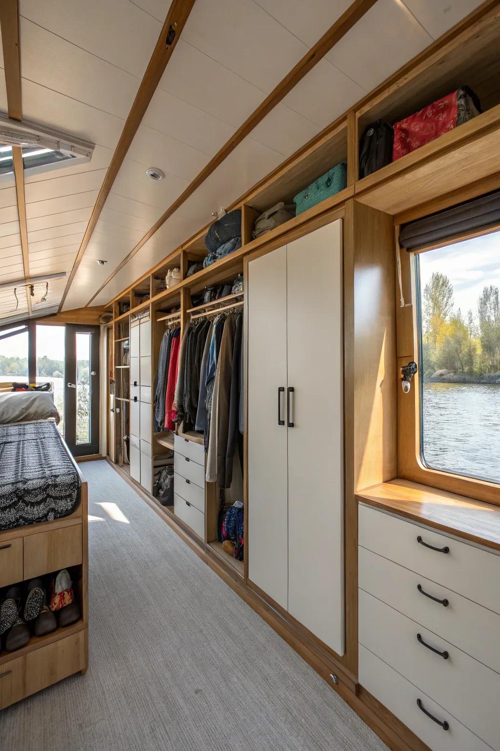 Vertical storage optimizes space in this houseboat kitchen.