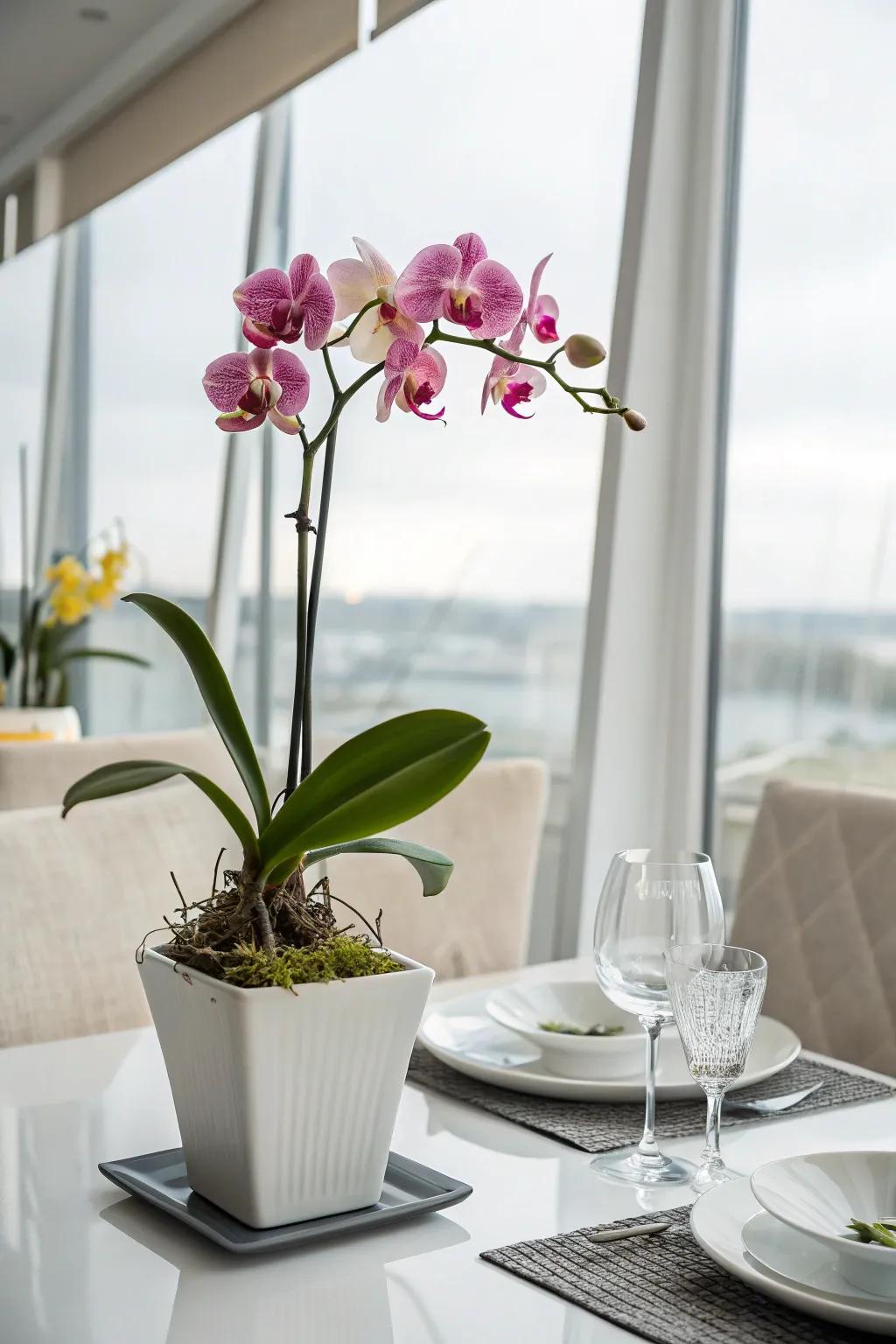 Orchids adding a sophisticated touch to the dining area.